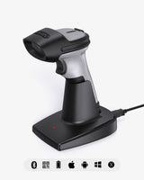 BCST-72S, 2D Barcode Scanner with Bluetooth & 2.4G Receiver Cradle, Wireless USB Wired, Scans from Screen, 180-Day Battery