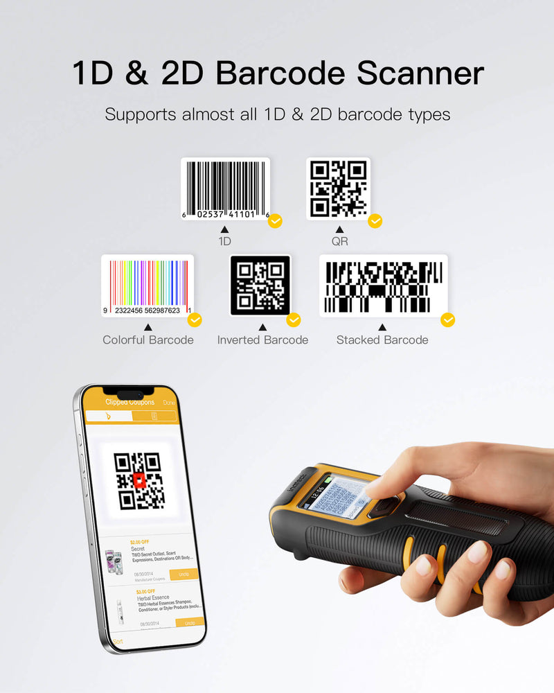 1D/2D/QR Bluetooth® 5.0 Portable Barcode Scanner with Screen & APP SDK ...