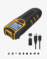 A portable barcode scanner with a black and orange casing, featuring a screen and an accompanying USB charging cable.
