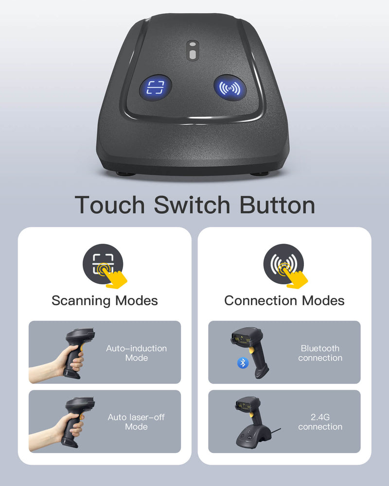 Wireless QR Code Scanner with Smart Base, 1D/2D, Bluetooth/2.4G/USB 3-in-1 Connectivity, with APP/SDK Support, BCST-560B_gray