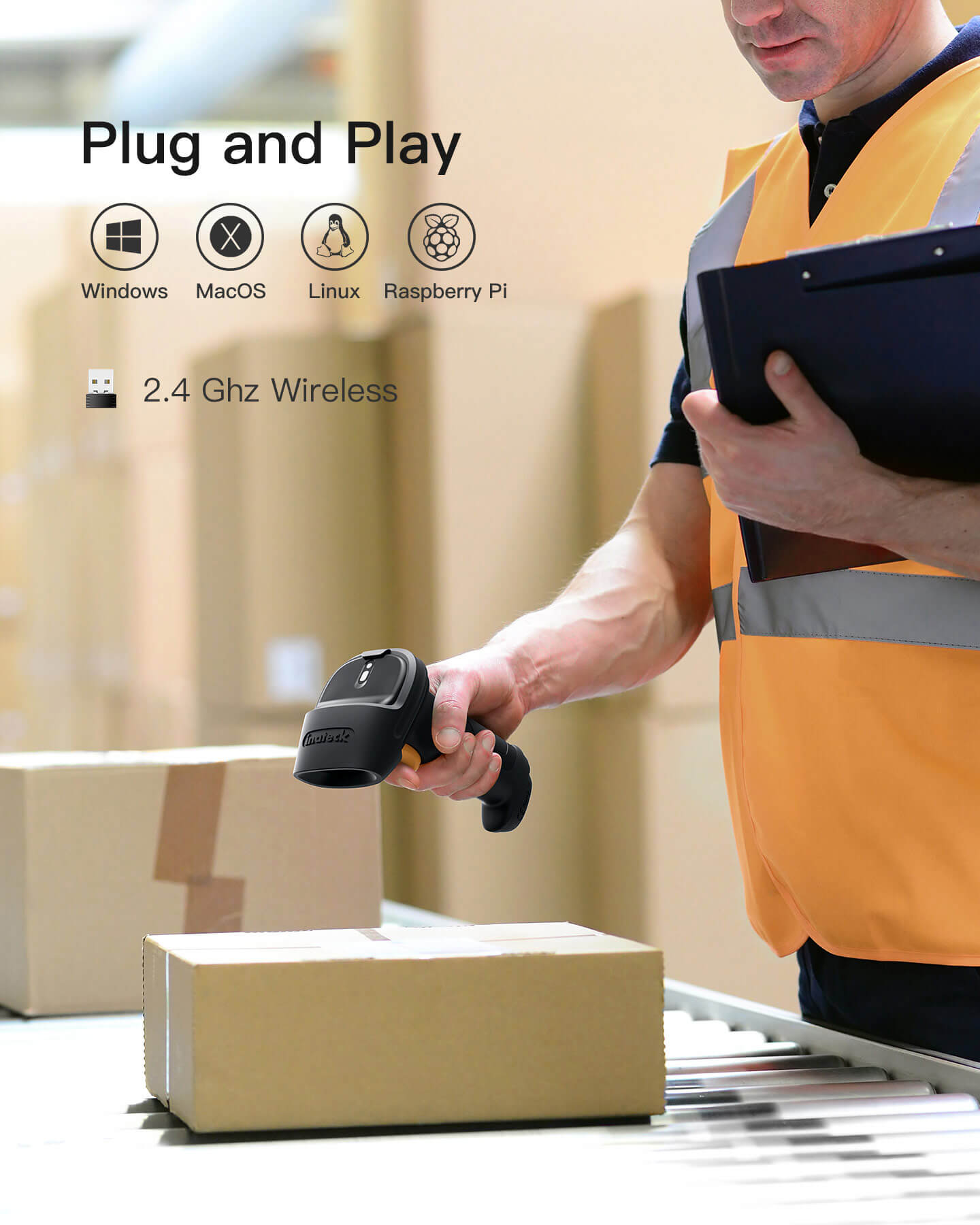 2.4GHz Wireless Barcode Scanner with 35m Range, BCST60. 1D UPC USPS