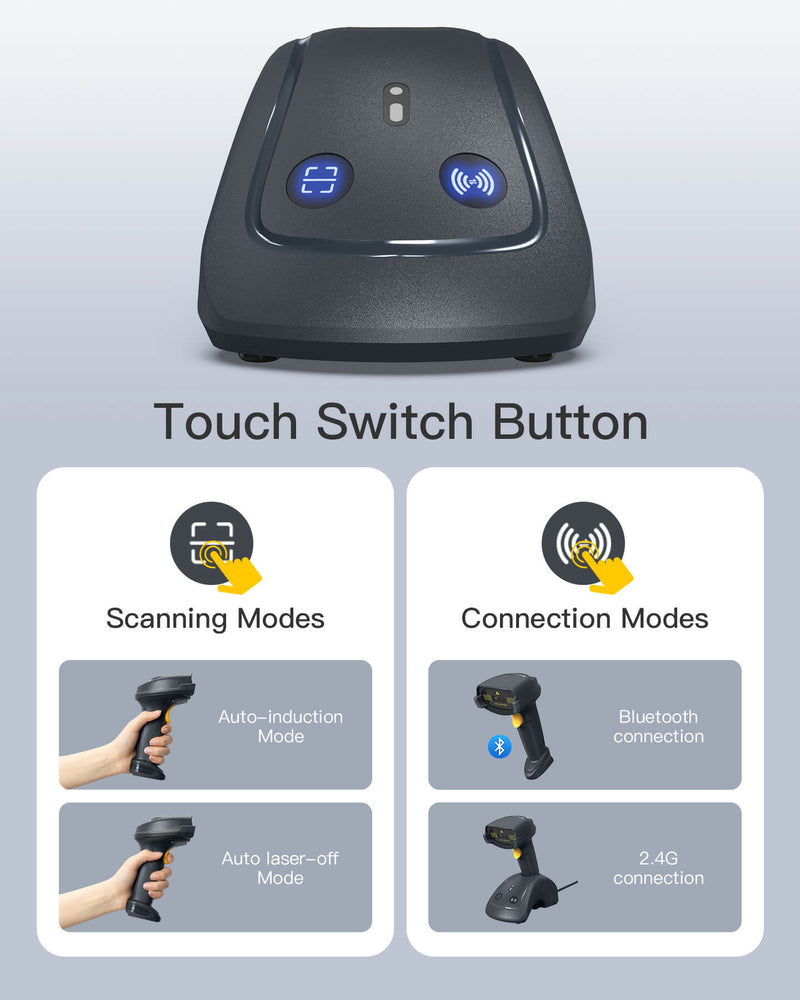 Inateck Wireless Barcode Scanner 2D, QR Code Scanner, 2600 mAh Battery, with Smart Base, Screen Scanning, BCST-91