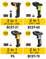 1D 2.4GHz Wireless Barcode Scanner with 2600mAh Battery, 2.4 GHz Adapter, 60M Range, Automatic Scanning, P6