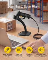 Hyper A60S, 2D Barcode Scanner with Stand, USB Wired Handheld Reader, Plug & Play for Warehouse, Library & Retail