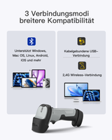 BCST-72S, 2D Barcode Scanner with Bluetooth & 2.4G Receiver Cradle, Wireless USB Wired, Scans from Screen, 180-Day Battery