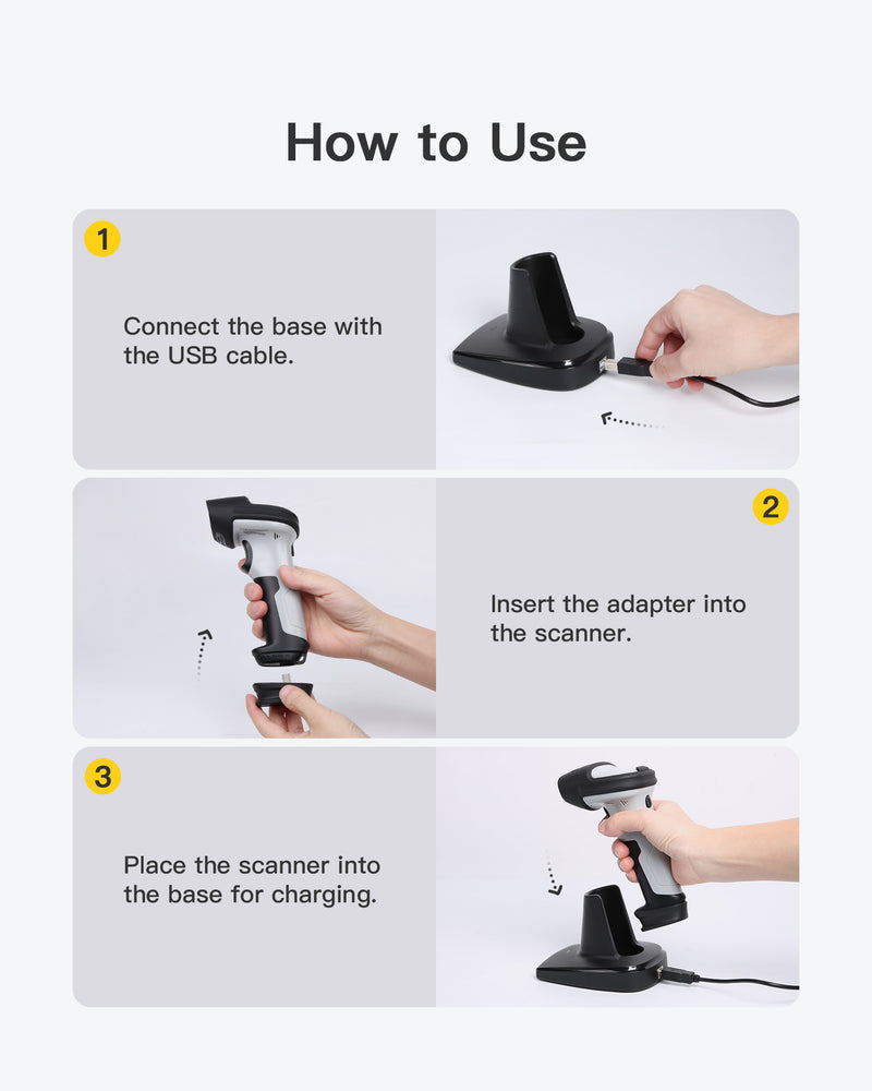 2.4GHz Wireless Barcode Scanner with 60m Range, P6 + Barcode Scanner Charging Base BS04001